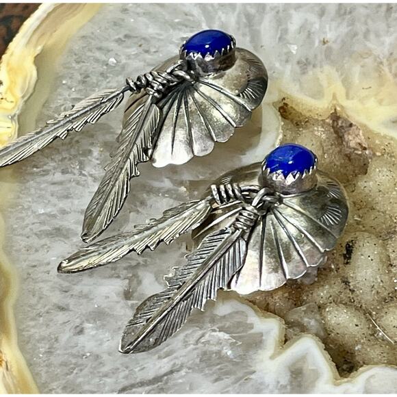 VTG Navajo Style Sterling Silver Feather Earrings w/ Blue Lapis Cabochon 9.6g - Picture 5 of 11